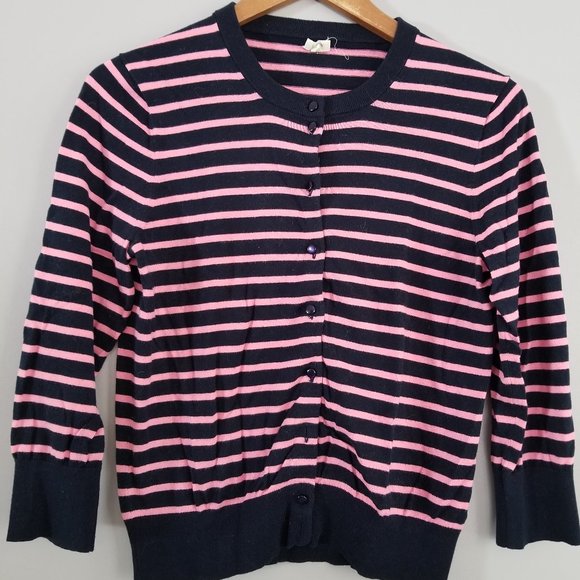 J CREW Navy/Pink Stripped Cotton Crew Neck Womens Sweater/Cardigan/Top Sz L - Picture 1 of 6
